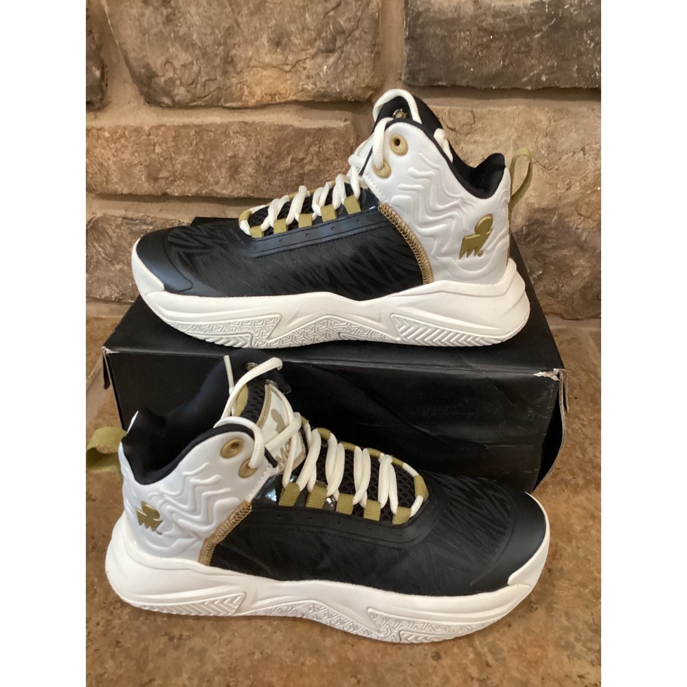 Moolah Kicks Press Break v2 Youth 5 Basketball Shoes Black White Gold Girls